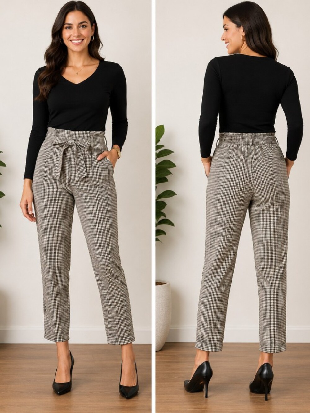 NWT CBy one slim leg Ankle Paperbag Checked Pants in Black & Cream Size med